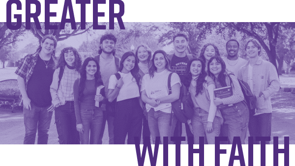 group of students posing with the text Greater with Faith